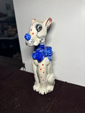Blue-Accented White Ceramic Dog Figurine with Bow